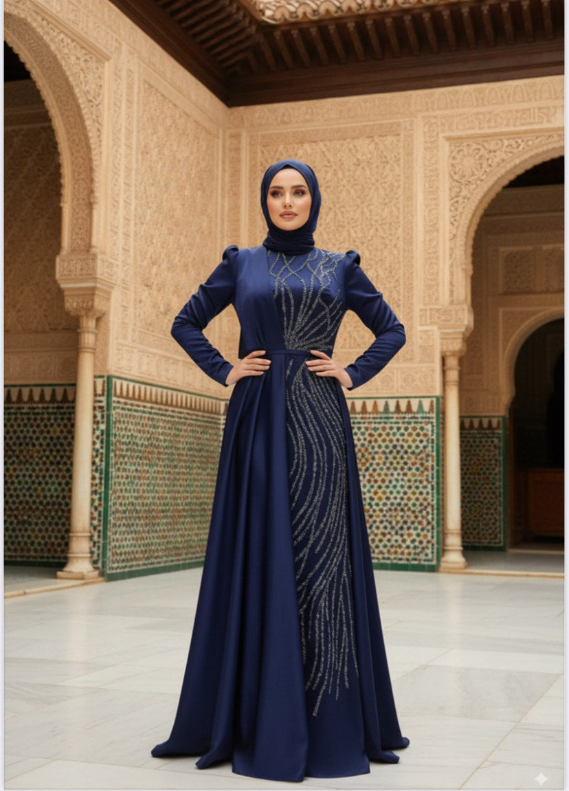 Robe de soirée bleu avec traine Alhambra Couture