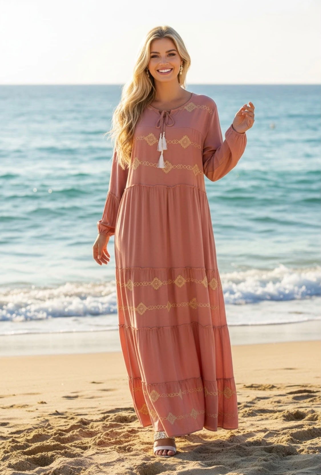 Robe longue unie brodée manches longues 0507-0508-0509 Alhambra Couture