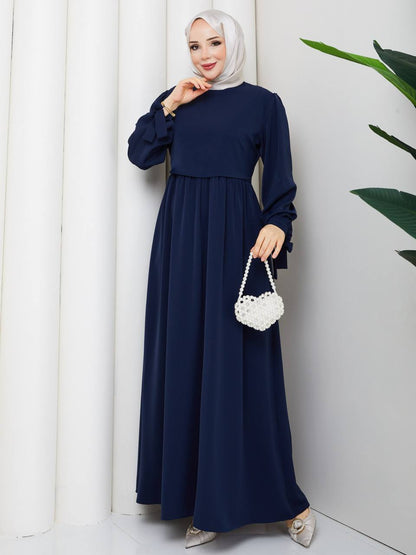 Robe modeste bleu marine et gris Alhambra Couture