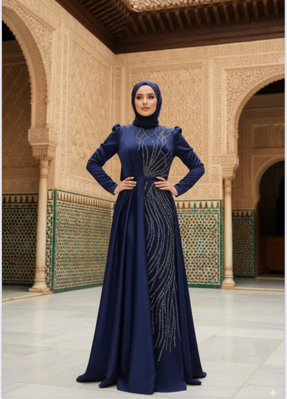 Robe de soirée bleu avec traine Alhambra Couture