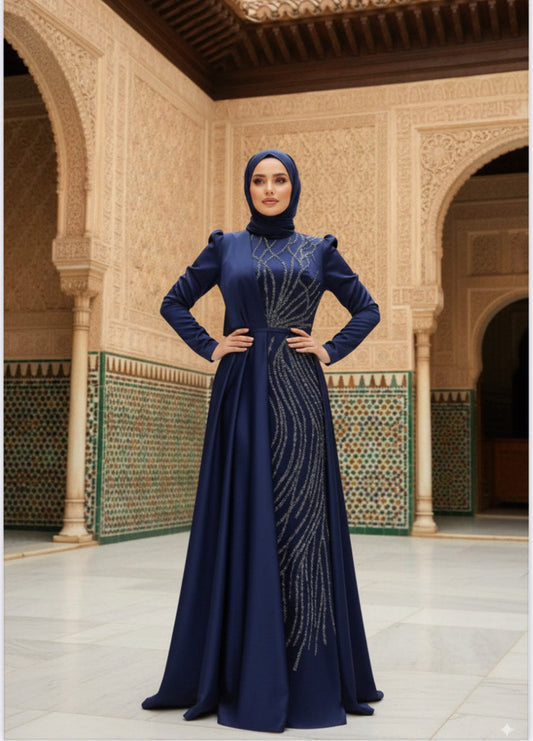 Robe de soirée bleu avec traine Alhambra Couture