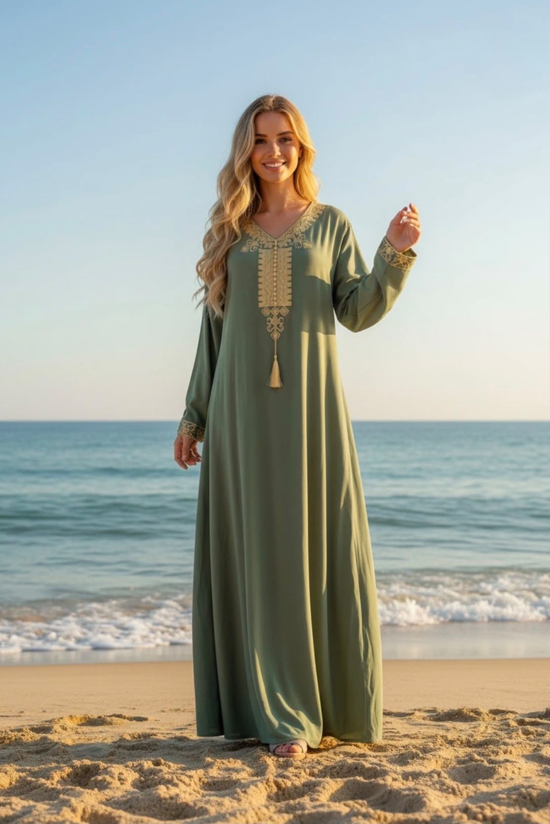 Robe longue unie brodée manches longues 0507-0508-0509 Alhambra Couture
